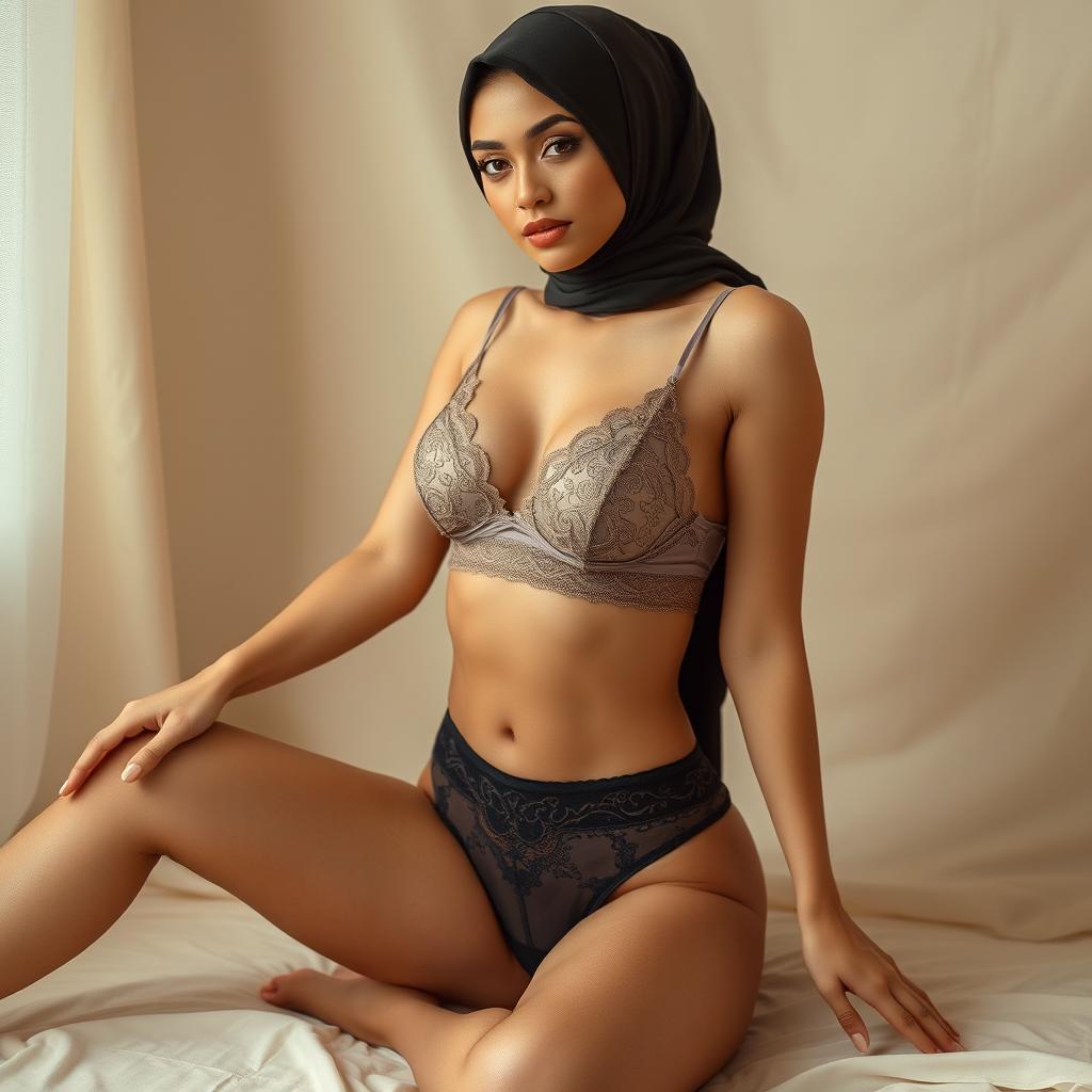 An elegant woman wearing a stylish hijab, complemented by a delicate lace bra and alluring, sexy underpants