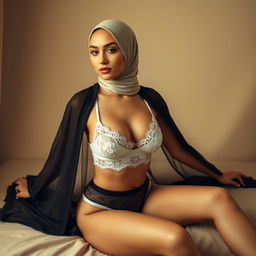 An elegant woman wearing a stylish hijab, complemented by a delicate lace bra and alluring, sexy underpants