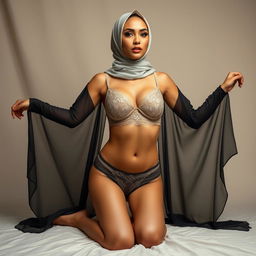 An elegant woman wearing a stylish hijab, complemented by a delicate lace bra and alluring, sexy underpants