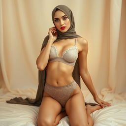 An elegant woman wearing a stylish hijab, complemented by a delicate lace bra and alluring, sexy underpants