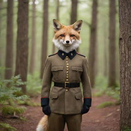 An anthropomorphic fox dressed in a vintage military uniform, alert and standing at attention in a forest setting.