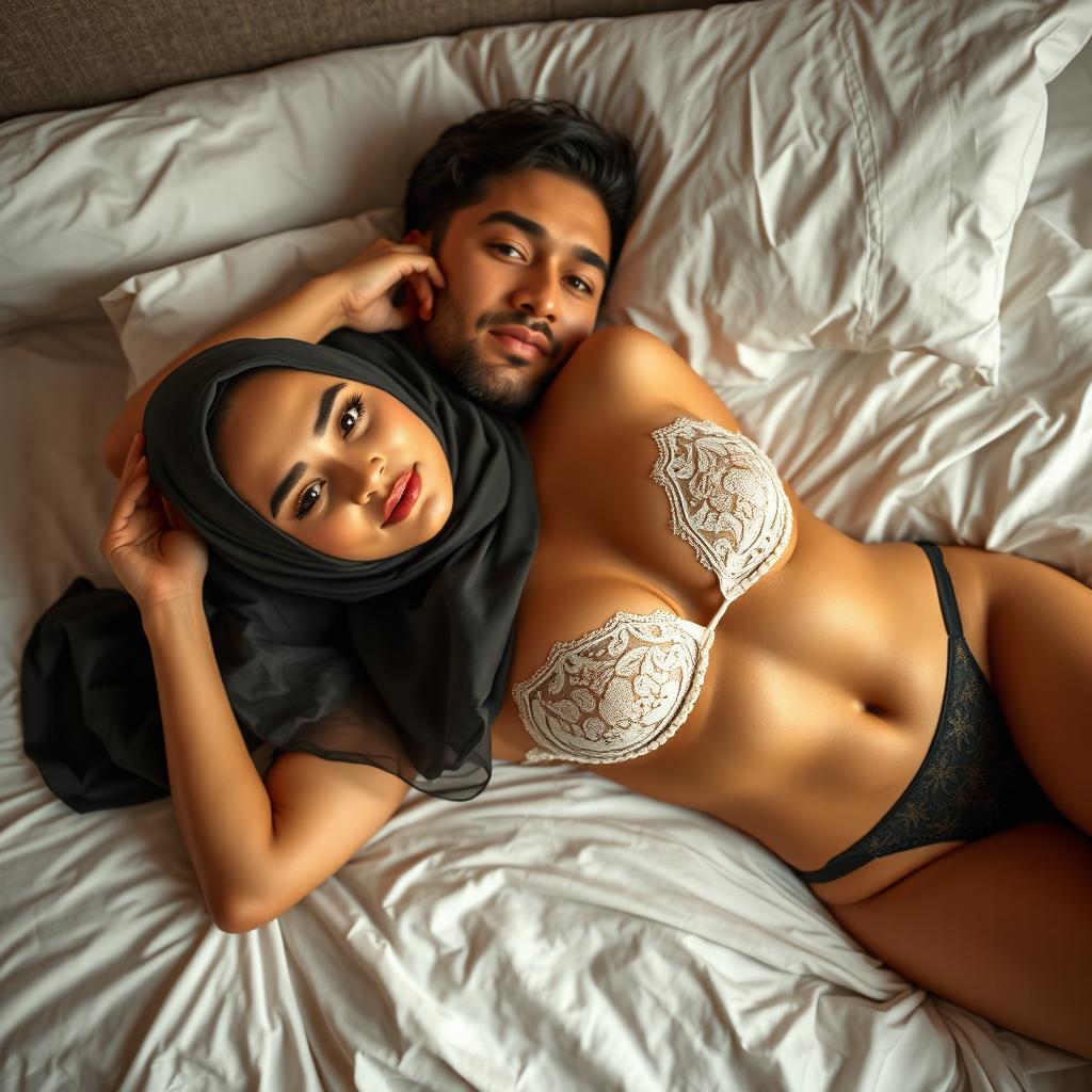 An elegant woman wearing a stylish hijab, gracefully posed lying on a bed with a handsome man beside her