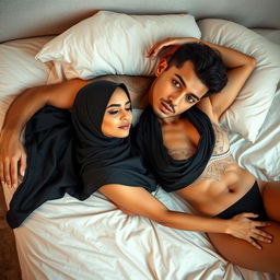 An elegant woman wearing a stylish hijab, gracefully posed lying on a bed with a handsome man beside her