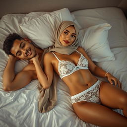 An elegant woman wearing a stylish hijab, gracefully posed lying on a bed with a handsome man beside her