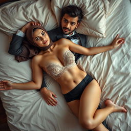 An elegant woman wearing a beautifully styled hijab, gracefully lying on a plush bed beside a stylishly dressed man