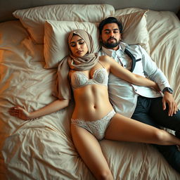 An elegant woman wearing a beautifully styled hijab, gracefully lying on a plush bed beside a stylishly dressed man