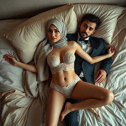 An elegant woman wearing a beautifully styled hijab, gracefully lying on a plush bed beside a stylishly dressed man