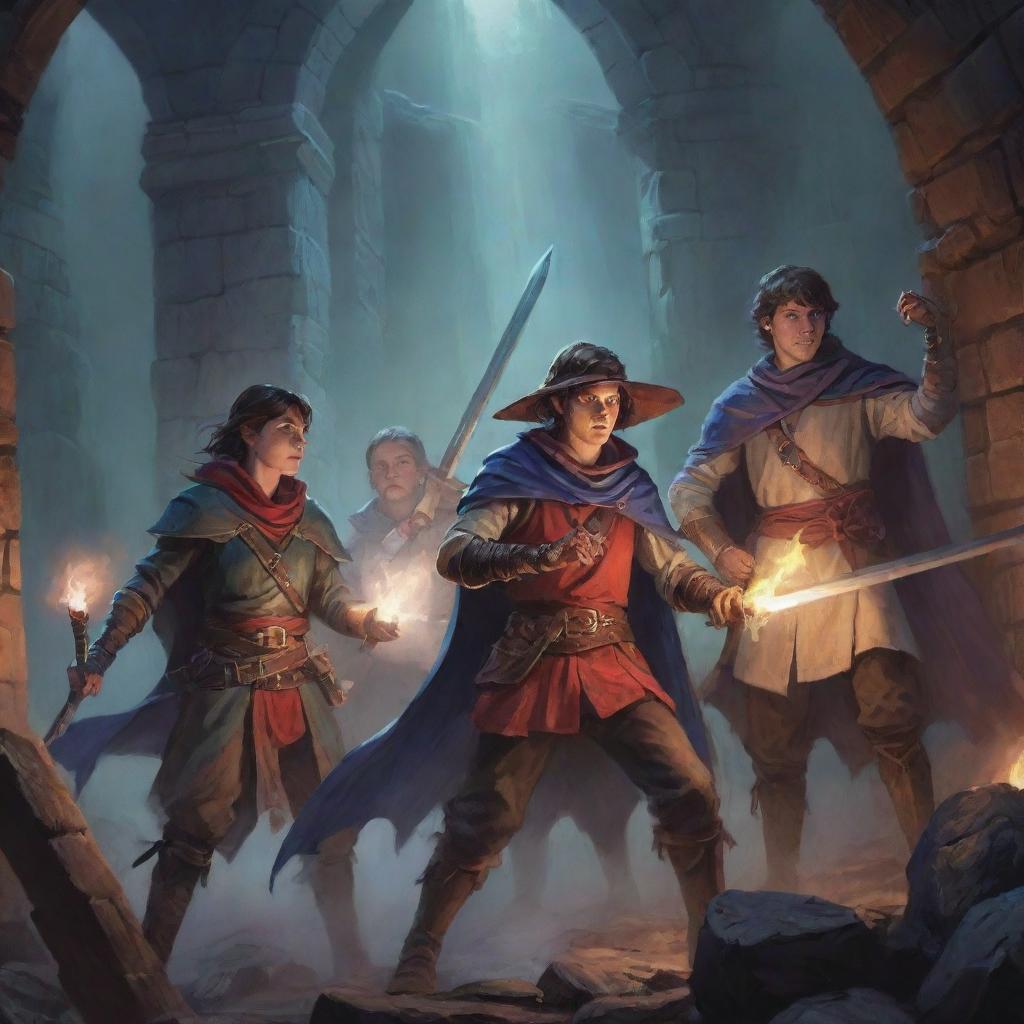 Six young adventurers, a mix of swordsmen and mages, engaged in a thrilling Dungeons and Dragons game. They are deep in a mystic dungeon with vivid scenery and lurking dangers.