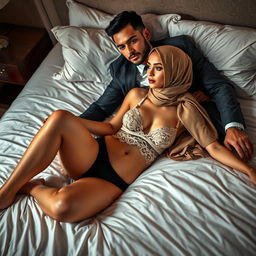 An elegant woman wearing a beautifully styled hijab, lying on a luxurious bed beside a handsome, stylishly dressed man