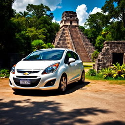 A white Chevrolet Corsa parked amidst the ancient ruins of Tikal, Guatemala