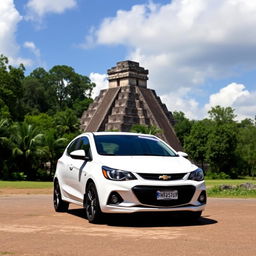 A white Chevrolet Corsa parked amidst the ancient ruins of Tikal, Guatemala