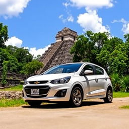 A white Chevrolet Corsa parked amidst the ancient ruins of Tikal, Guatemala