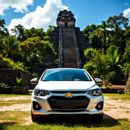 A white Chevrolet Corsa parked amidst the ancient ruins of Tikal, Guatemala