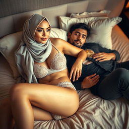 A stunning woman wearing an elegantly styled hijab, lying gracefully on a plush bed next to an attractive man