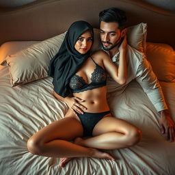 A stunning woman wearing an elegantly styled hijab, lying gracefully on a plush bed next to an attractive man