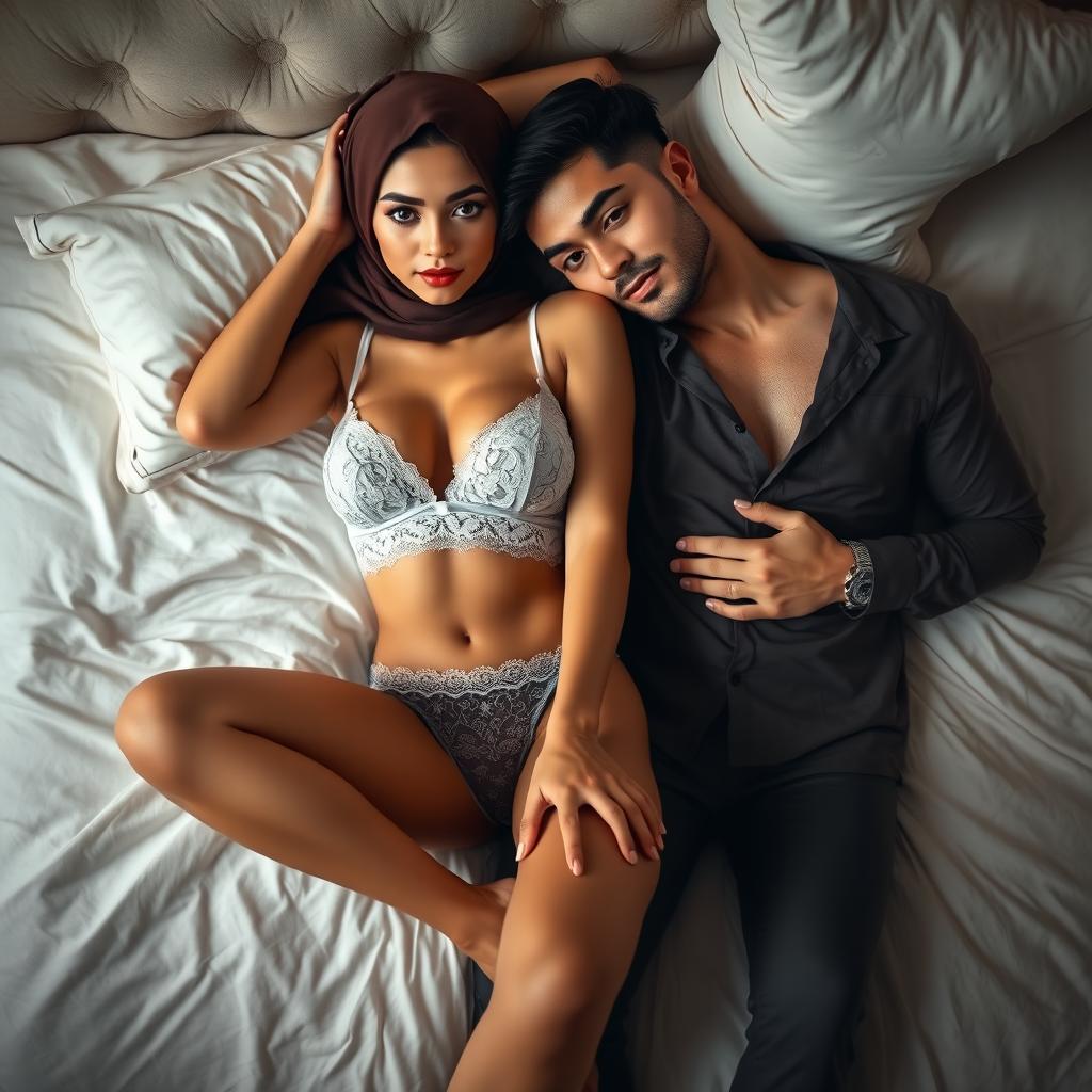 A stunning woman wearing an elegantly styled hijab, lying gracefully on a plush bed next to an attractive man