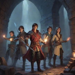 Six young adventurers, a mix of swordsmen and mages, engaged in a thrilling Dungeons and Dragons game. They are deep in a mystic dungeon with vivid scenery and lurking dangers.