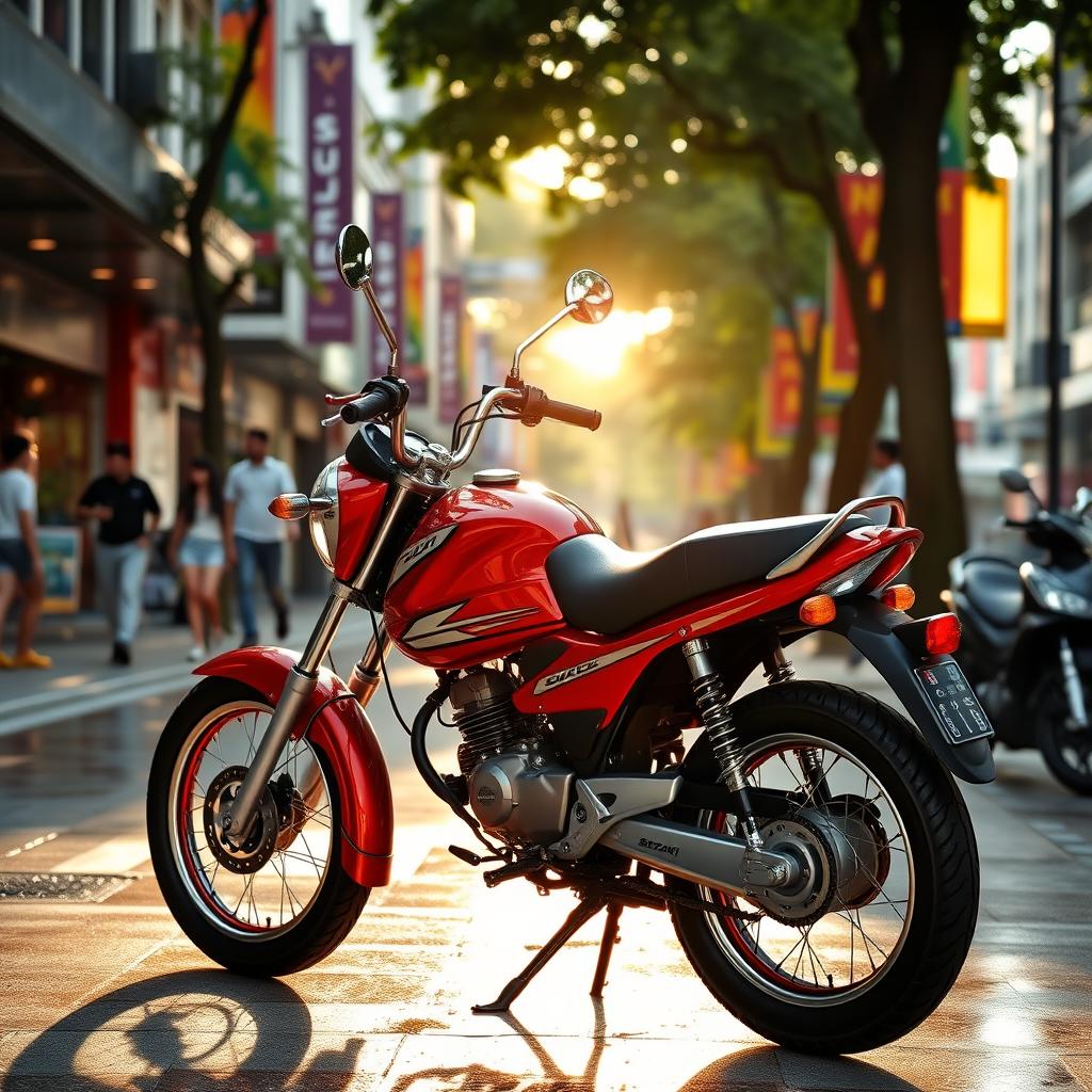 A vibrant red Suzuki AX100 motorcycle parked on a bustling street