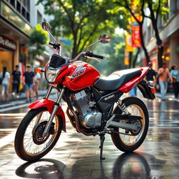 A vibrant red Suzuki AX100 motorcycle parked on a bustling street