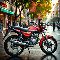 A vibrant red Suzuki AX100 motorcycle parked on a bustling street