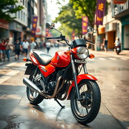 A vibrant red Suzuki AX100 motorcycle parked on a bustling street