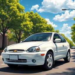 A detailed, realistic depiction of a 2003 white Chevrolet Corsa parked on a sunny street