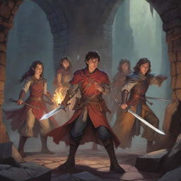 Six young adventurers, a mix of swordsmen and mages, engaged in a thrilling Dungeons and Dragons game. They are deep in a mystic dungeon with vivid scenery and lurking dangers.