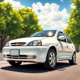 A detailed, realistic depiction of a 2003 white Chevrolet Corsa parked on a sunny street