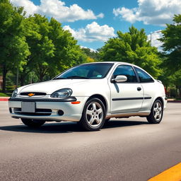 A detailed, realistic depiction of a 2003 white Chevrolet Corsa parked on a sunny street