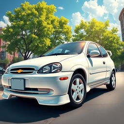 A detailed, realistic depiction of a 2003 white Chevrolet Corsa parked on a sunny street