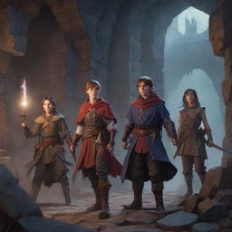 Six young adventurers, a mix of swordsmen and mages, engaged in a thrilling Dungeons and Dragons game. They are deep in a mystic dungeon with vivid scenery and lurking dangers.