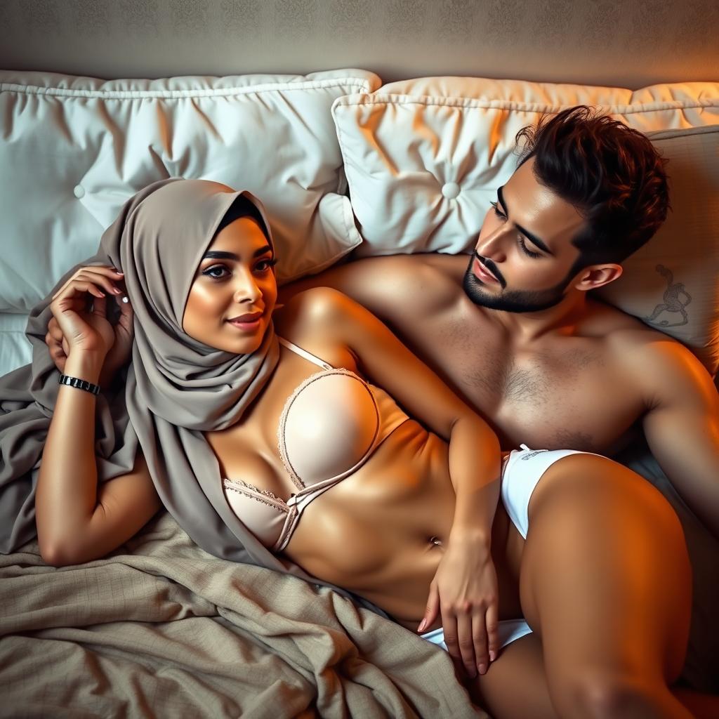 A beautiful, elegant teenage woman wearing a hijab, lying on a bed wearing only a bra and underwear, accompanied by a sexy man