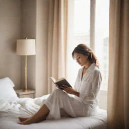 A sophisticated woman in a tastefully decorated bedroom, reading a book while sitting by a window with soft sunlight filtering in.