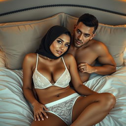 A beautiful, elegant teenage woman wearing a hijab, lying on a bed wearing only a bra and underwear, accompanied by a sexy man