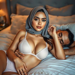 A beautiful, elegant teenage woman wearing a hijab, lying on a bed wearing only a bra and underwear, accompanied by a sexy man