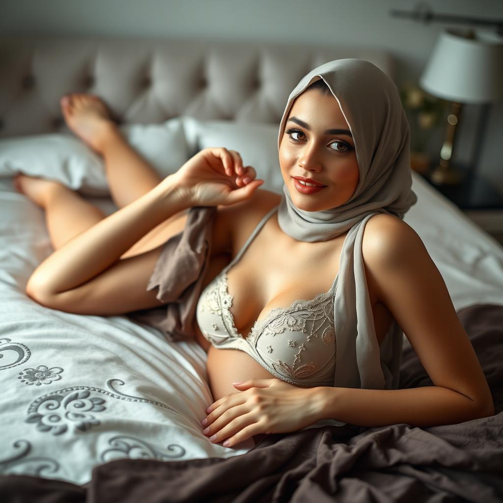 A beautiful, elegant teenage woman wearing a hijab, lying on a bed in a relaxed pose, showcasing her confidence while wearing only a bra and underwear