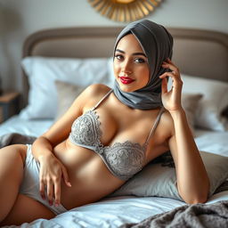 A beautiful, elegant teenage woman wearing a hijab, lying on a bed in a relaxed pose, showcasing her confidence while wearing only a bra and underwear