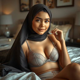 A beautiful, elegant teenage woman wearing a hijab, lying on a bed in a relaxed pose, showcasing her confidence while wearing only a bra and underwear