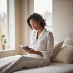 A sophisticated woman in a tastefully decorated bedroom, reading a book while sitting by a window with soft sunlight filtering in.