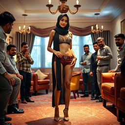 A beautiful, elegant teenage woman wearing a hijab, confidently showcasing her style in only a bra and underwear, complemented by stylish high heels