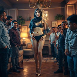 A beautiful, elegant teenage woman wearing a hijab, confidently showcasing her style in only a bra and underwear, complemented by stylish high heels