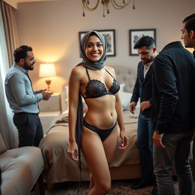 A beautiful, elegant teenage woman wearing a hijab, confidently dressed in only a bra and underwear, adorned with stylish high heels