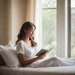 A sophisticated woman in a tastefully decorated bedroom, reading a book while sitting by a window with soft sunlight filtering in.