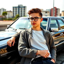 A teenage man wearing glasses with slicked-back hair, leaning casually against a black Mercedes Benz W124