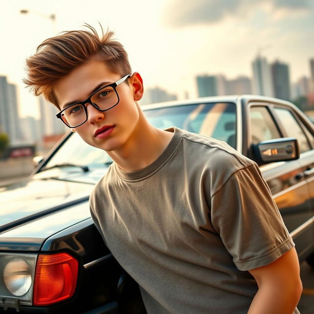 A teenage man wearing glasses with slicked-back hair, leaning casually against a black Mercedes Benz W124