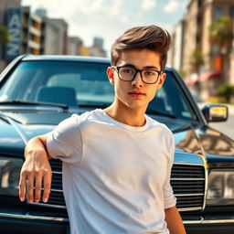 A teenage man wearing glasses with slicked-back hair, leaning casually against a black Mercedes Benz W124