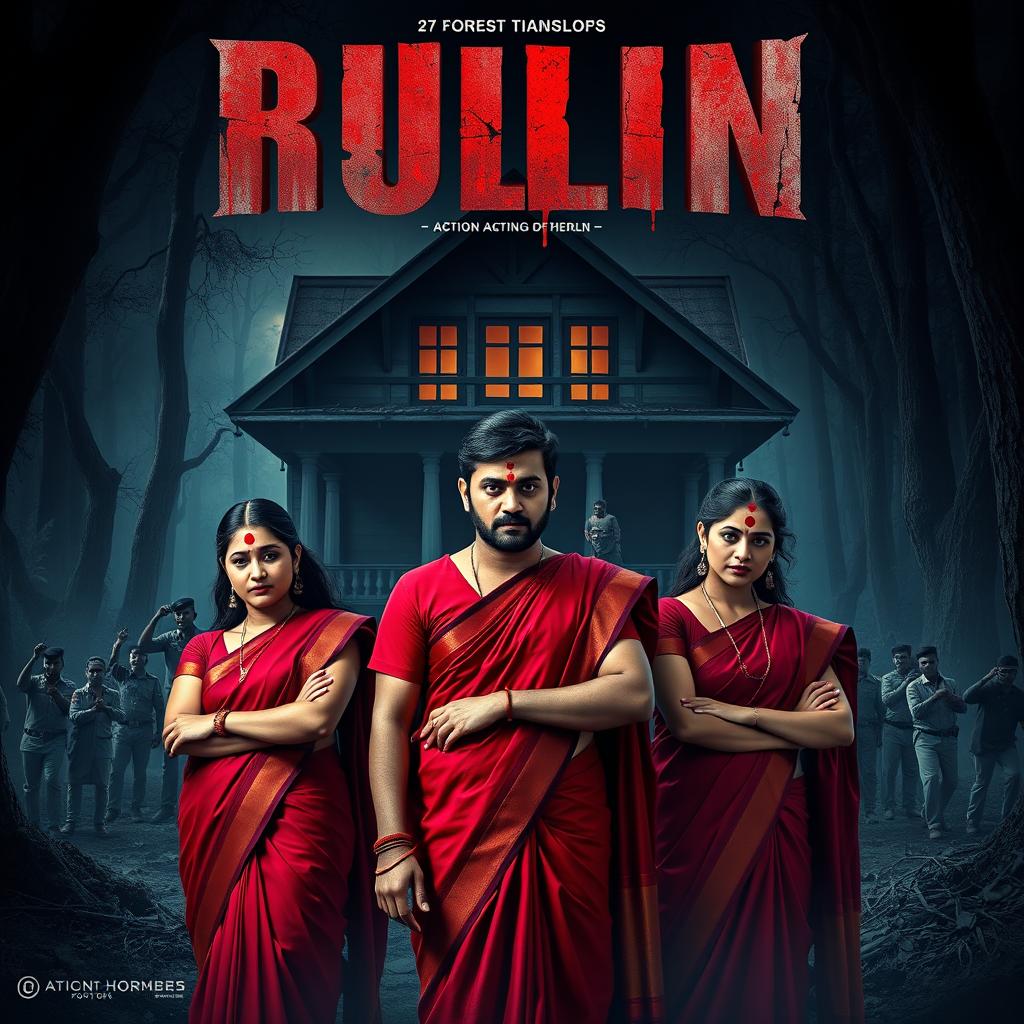 A cinematic action horror film poster depicting three 27-year-old Indian friends, two men and one woman, standing with a sense of bravado in front of a creepy, dilapidated bungalow set in a dark and ominous forest