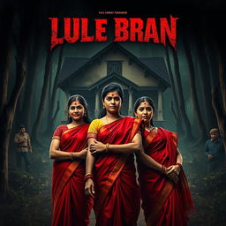 A cinematic action horror film poster depicting three 27-year-old Indian friends, two men and one woman, standing with a sense of bravado in front of a creepy, dilapidated bungalow set in a dark and ominous forest