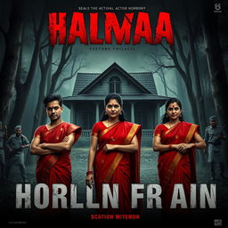 A cinematic action horror film poster depicting three 27-year-old Indian friends, two men and one woman, standing with a sense of bravado in front of a creepy, dilapidated bungalow set in a dark and ominous forest