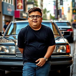 A chubby teenage man with a round face and slicked-back hair, wearing glasses, leaning confidently against a black Mercedes Benz W124 300E